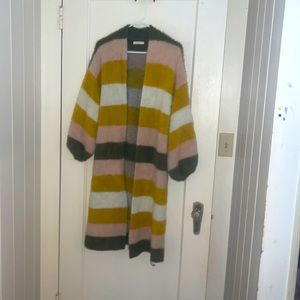 Do everything in love fuzzy soft long striped sweater pink green mustard